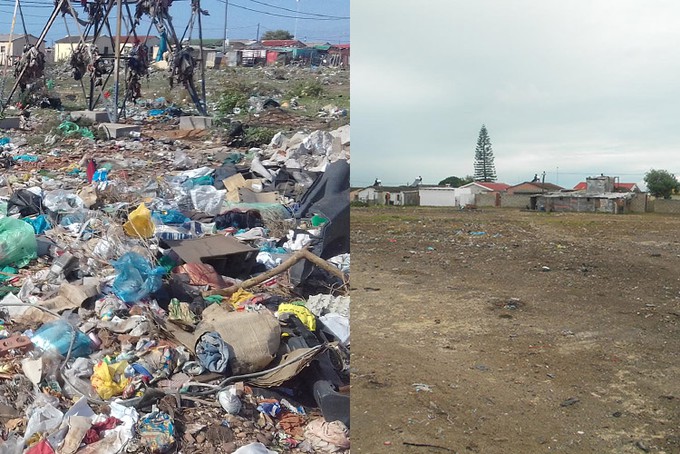 Composite photos showing a field in Motherwell before and after the municipality cleaned it