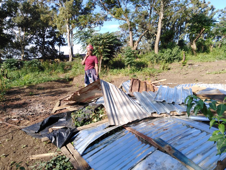 Photo of a woman with broken zinc sheets