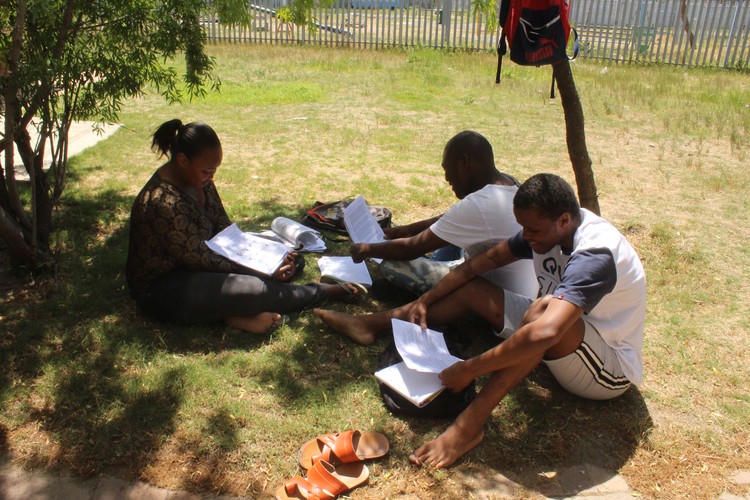 Photo of people reading on the grass