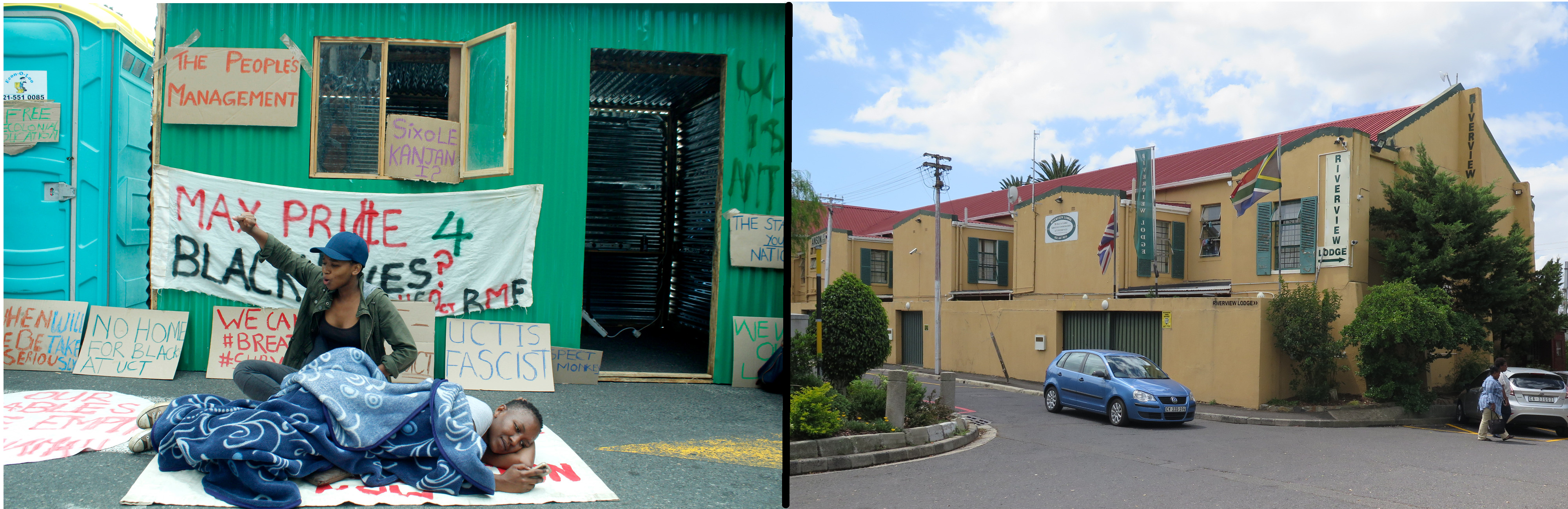 Photo collage of Shackville and the Riverview Lodge.